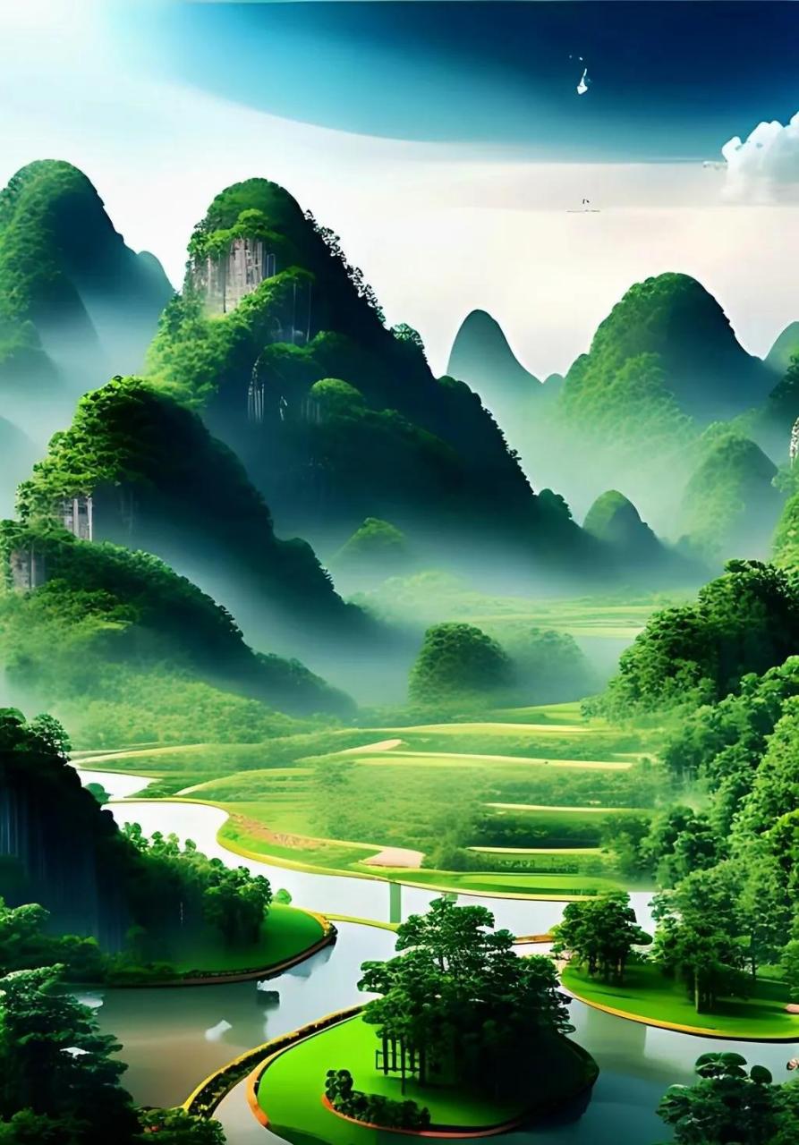 这景色太漂亮了美丽山川宛如仙境蓝天白云小河流水,景色优美