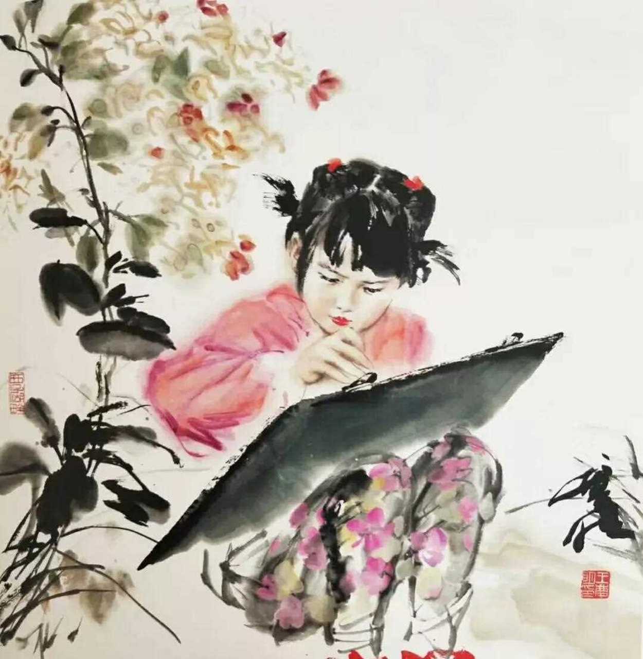 浙派人物画家王庆明作品欣赏)专心绘画的女孩,天真!