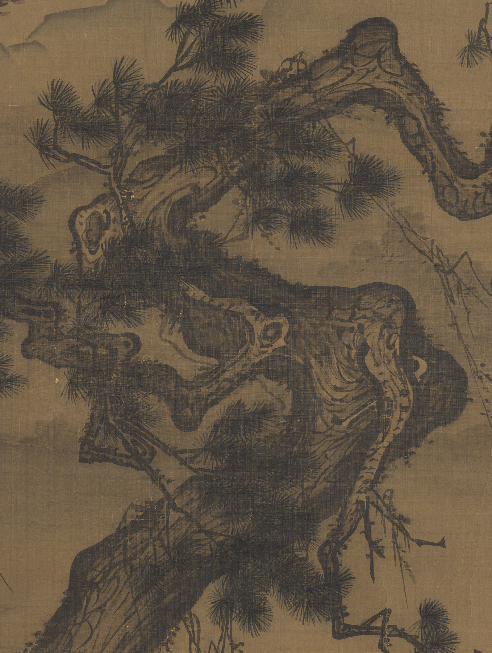 马麟《静听松风图》,画高士憩息松间,松枝受风偏向一方,旁侍一童子