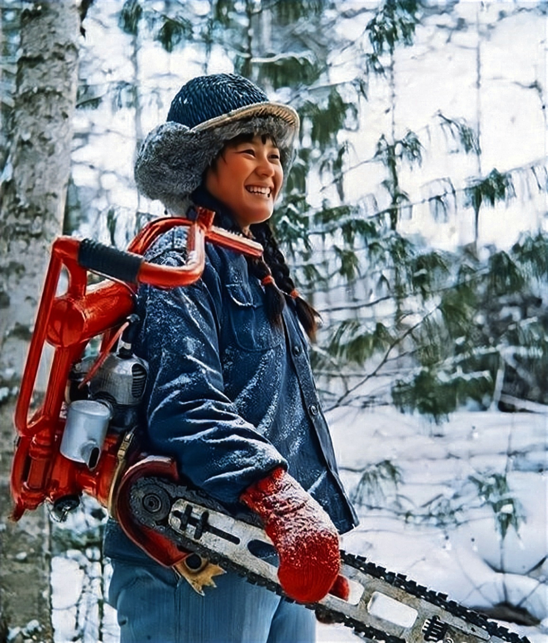 1976年,吉林省露水河林业局的一名女伐木工戴上棉帽与安全帽,穿上御寒