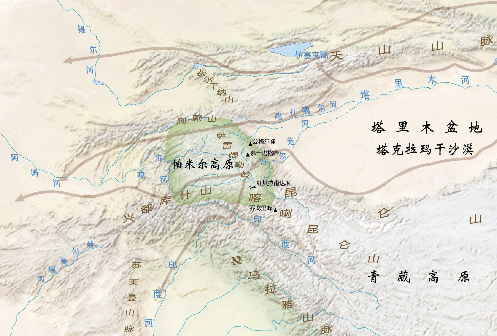 帕米尔高原及周边地区地形图