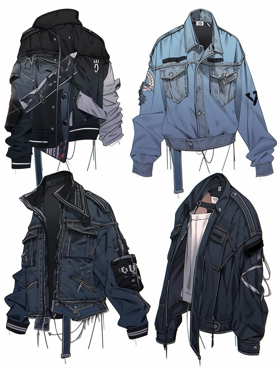 将展示一系列精美的服装设计图,这些设计图都是以牛仔外套为主题的