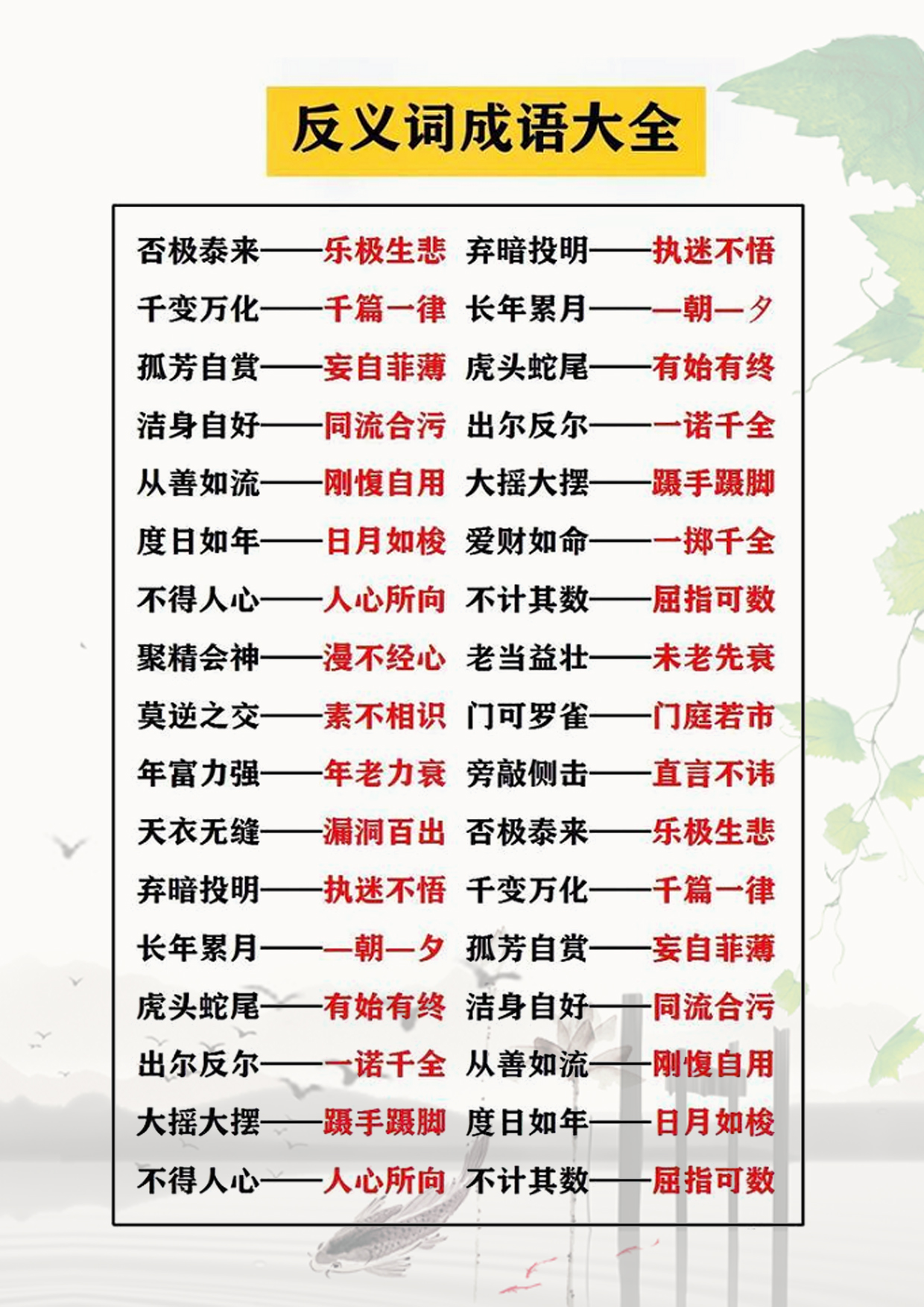逃不掉的语文小学语文阶段反义词成语汇总
