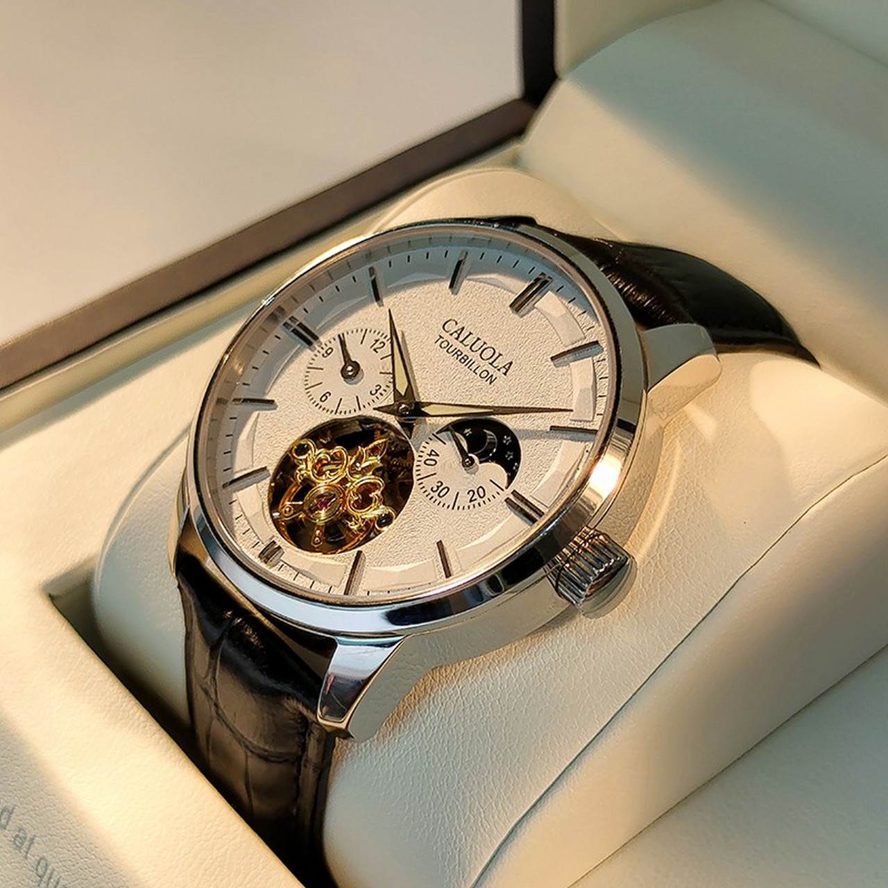 卡罗莱(caluola)全自动机械表飞轮皮带男士手表镂空复古男款手表防水