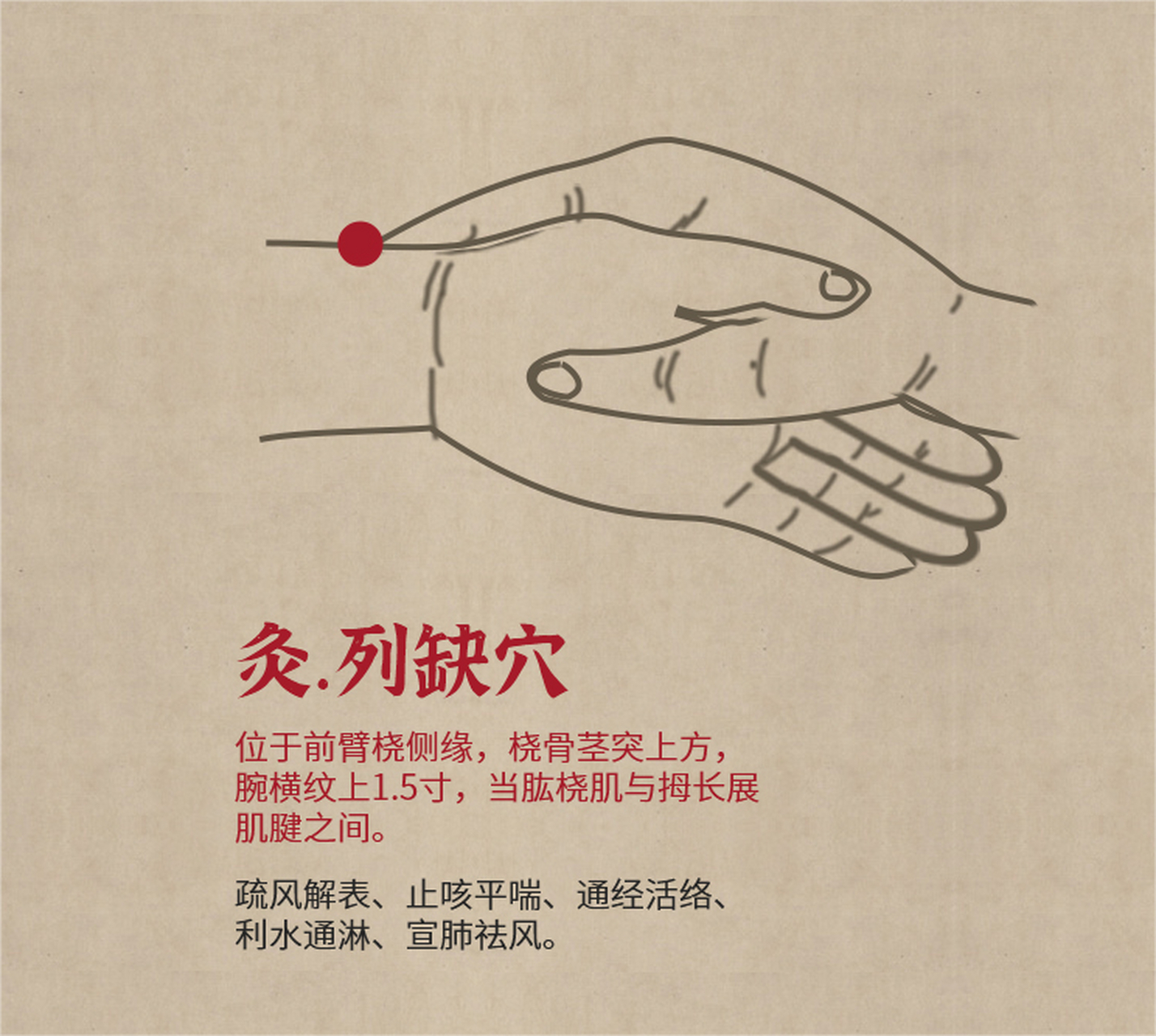 列缺穴有疏风解表,止咳平喘,通经活络,利水通淋,宣肺祛风的功效.