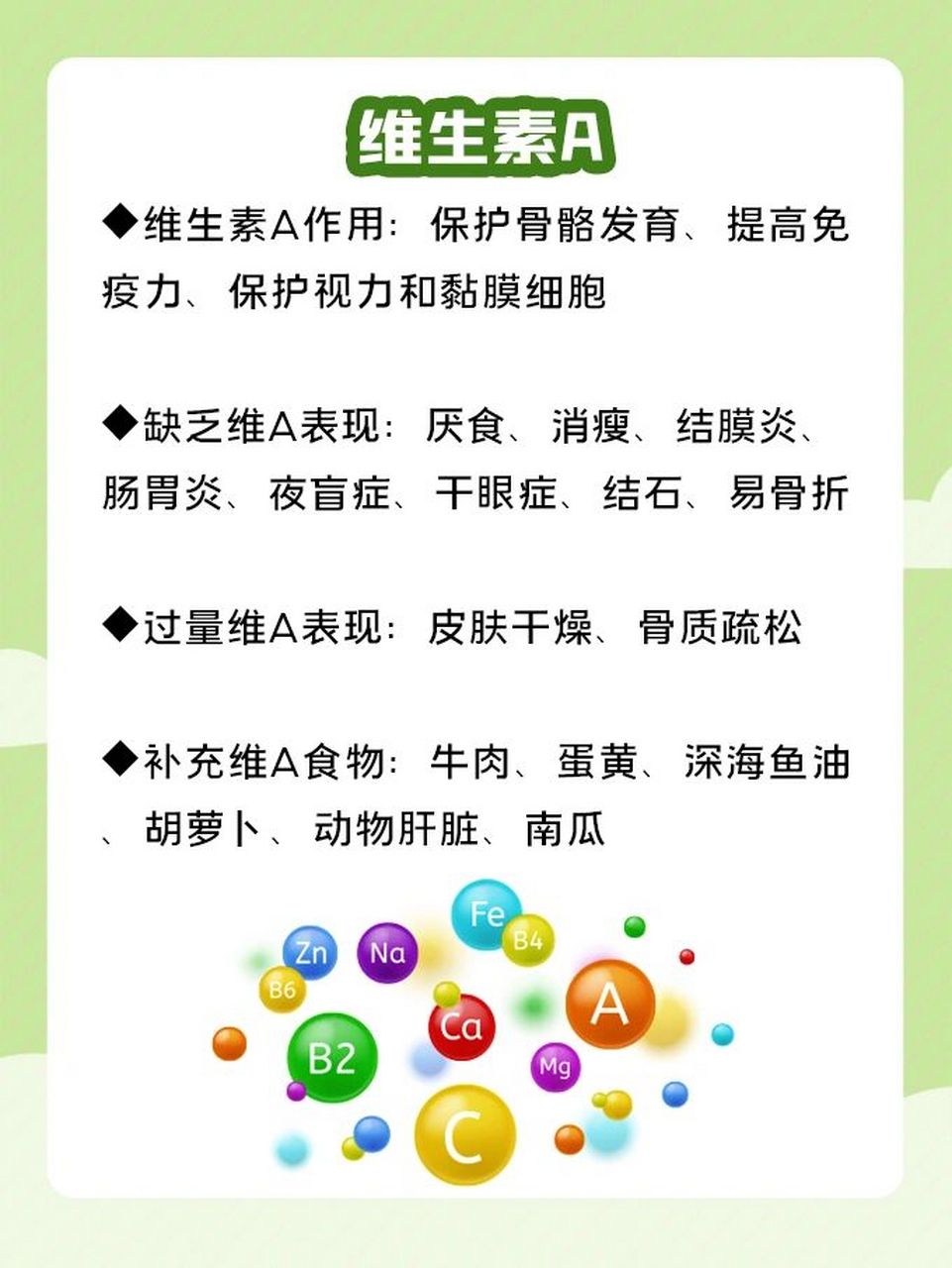 维生素a 维生素a作用:保护骨骼发育,提高免疫力,保护视力和黏膜细胞