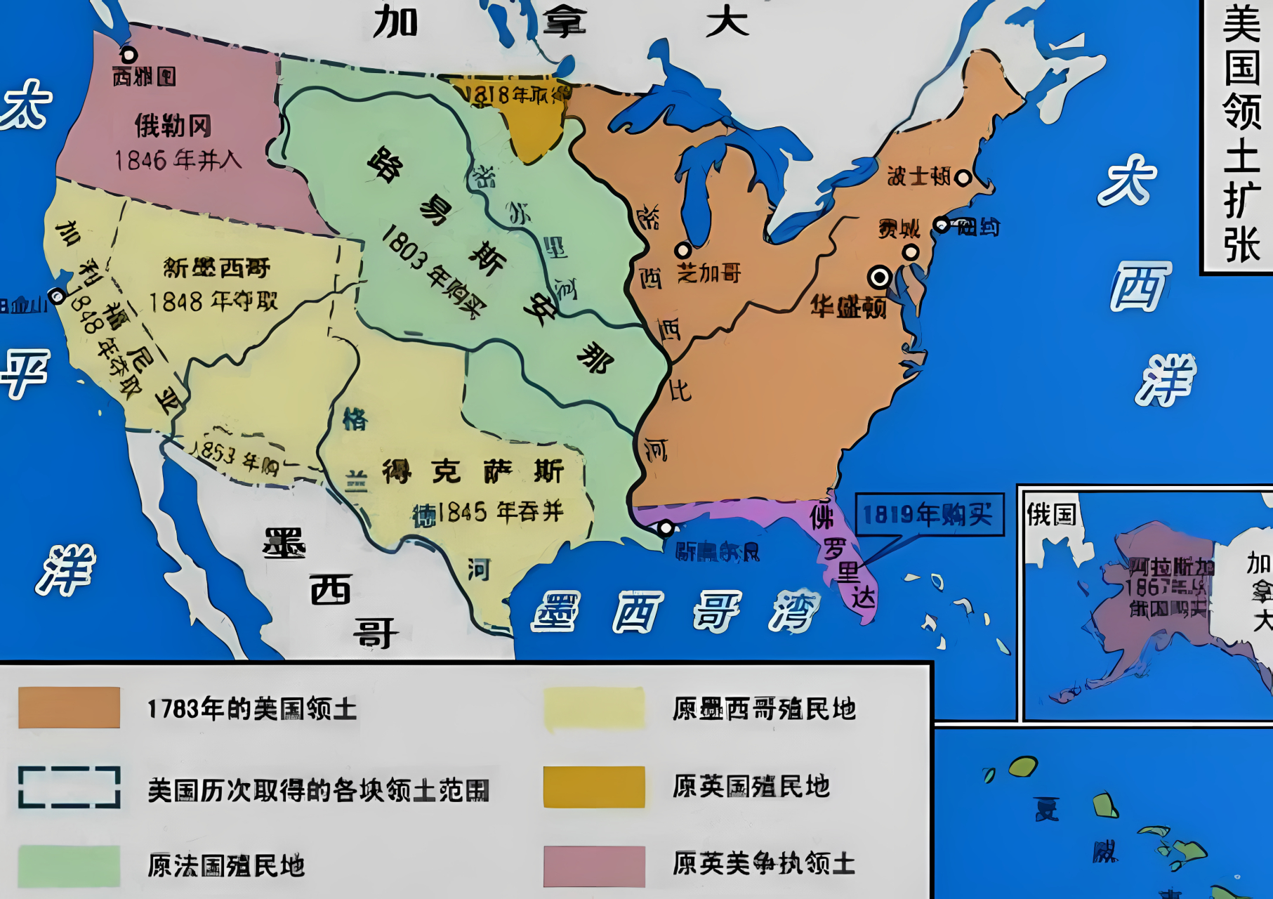 美国的领土是在不断扩张中形成的.