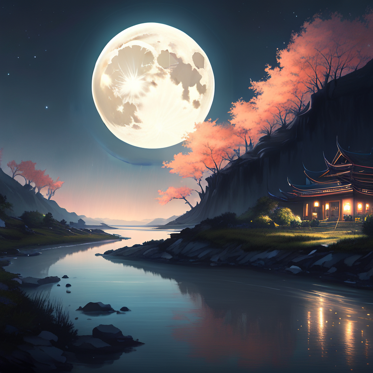 景星助月夜,光入清溪湄.恬淡,缥缈,生机#百度ai绘图黑科技