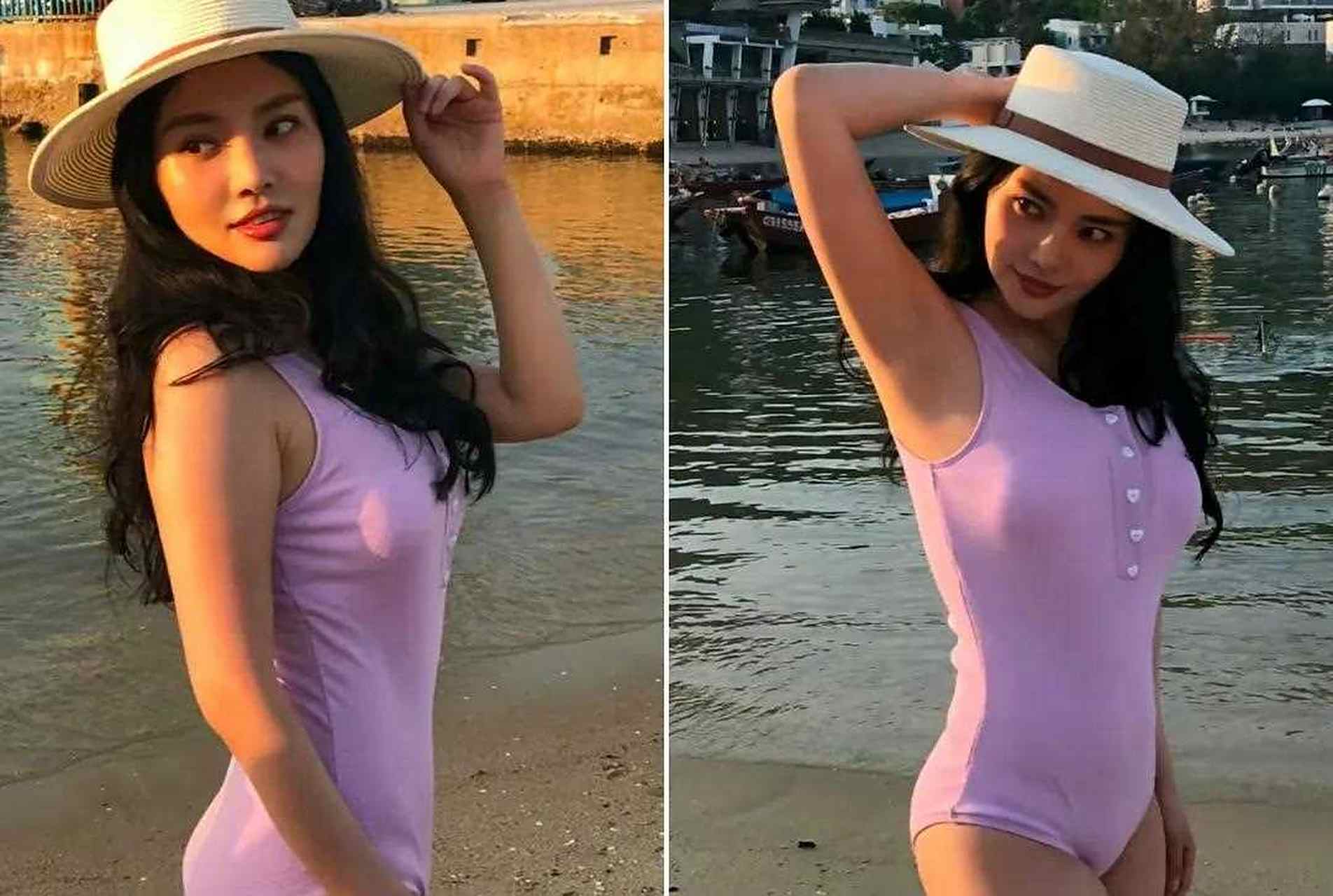 14日,"大嫂"徐冬冬晒出一组泳装照,一袭紫色泳装配大波浪卷发,头顶浅