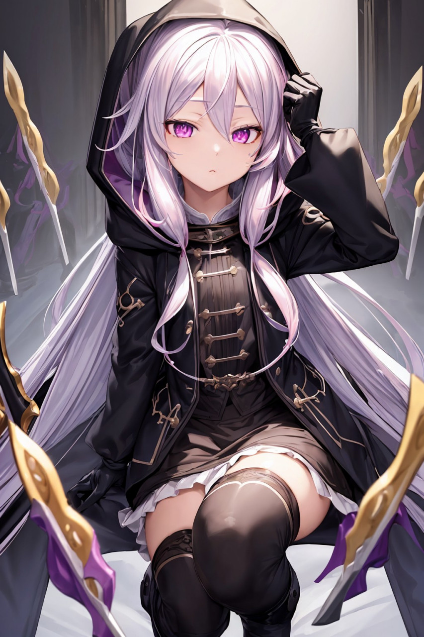 紫发美貌惊, 冷漠却坚定.  手持一把剑, 力量感十足.