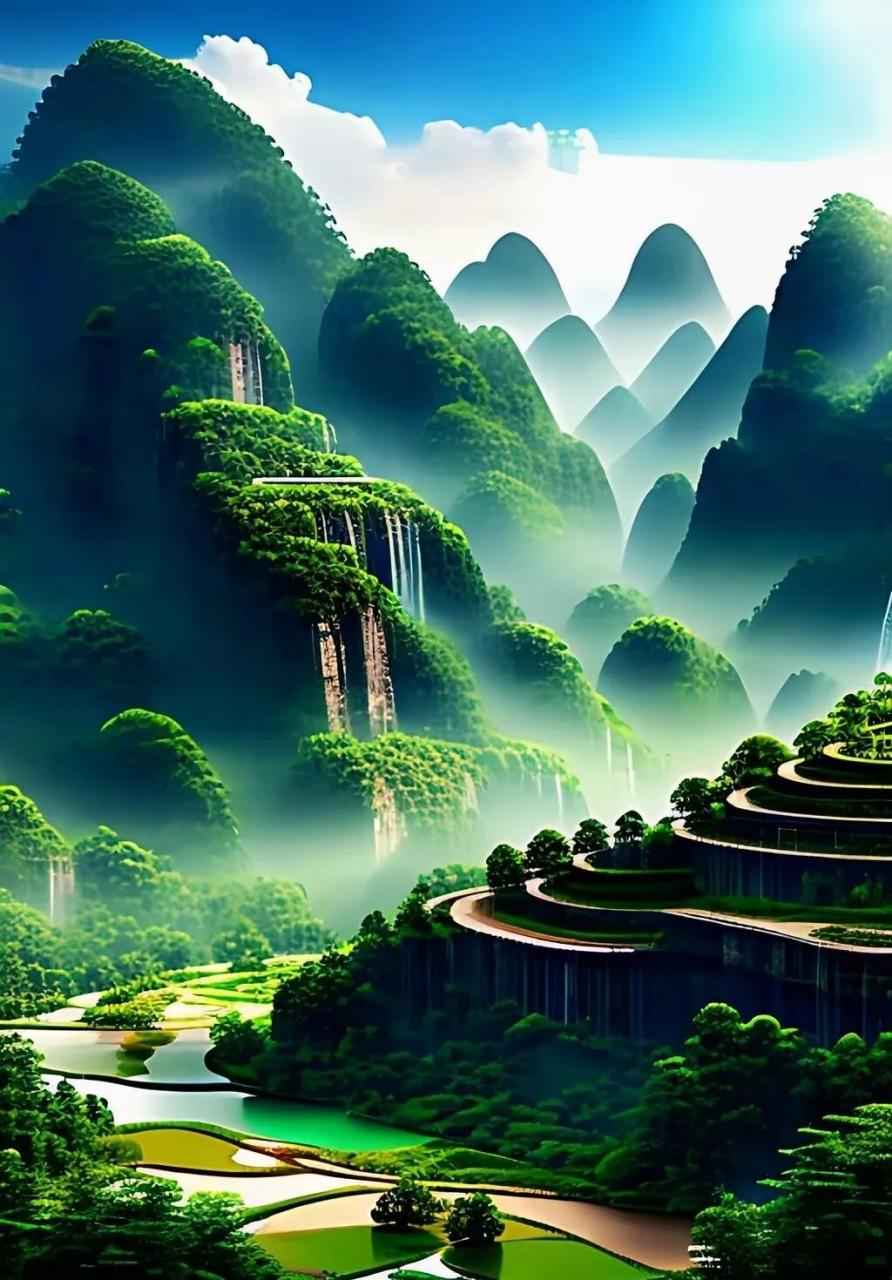 这景色太漂亮了美丽山川宛如仙境蓝天白云小河流水,景色优美