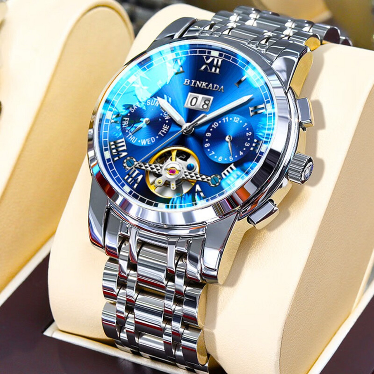 生日礼物手表男镂空飞轮机械表防水夜光日历多功能