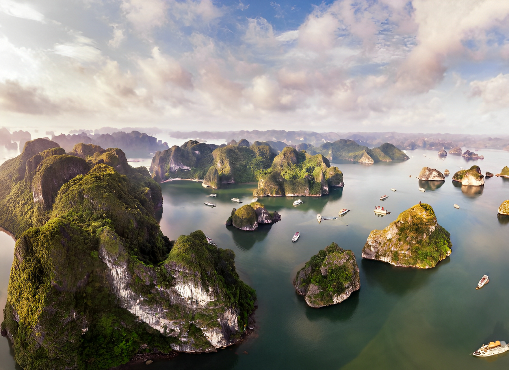 越南下龙湾  因为下龙湾山中的小岛是石灰岩的小山峰,而且形状各异