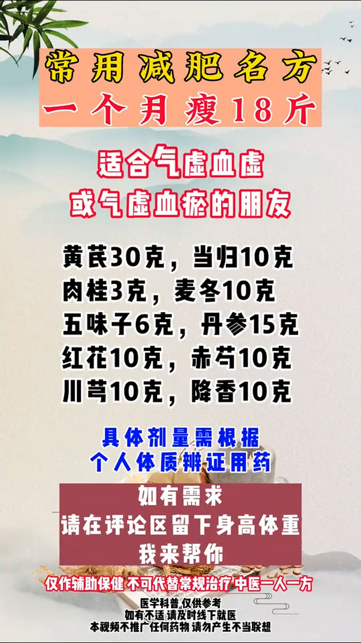 常用减肥名方,1个月瘦18斤 适合气虚血虚或气虚血瘀的朋友 黄芪30克