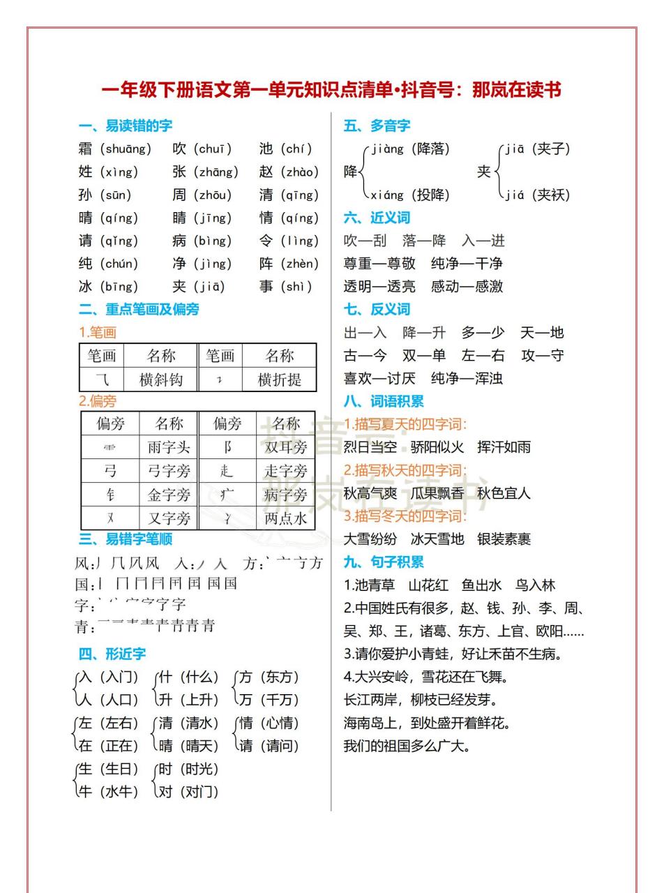 2023一年级下册语文【单元必会知识点】梳理