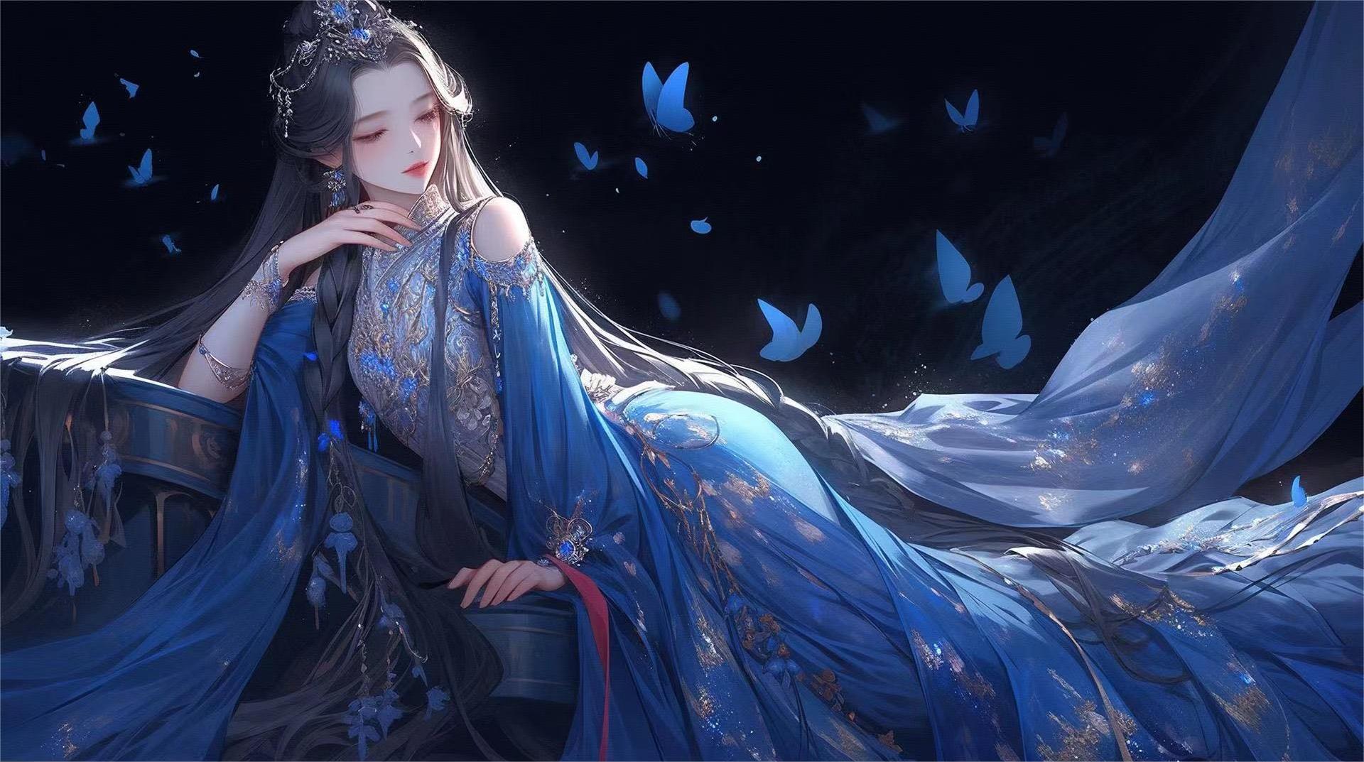 蓝色系横版古风插画:水袖舞姬唱今生,有幸流年曾相识