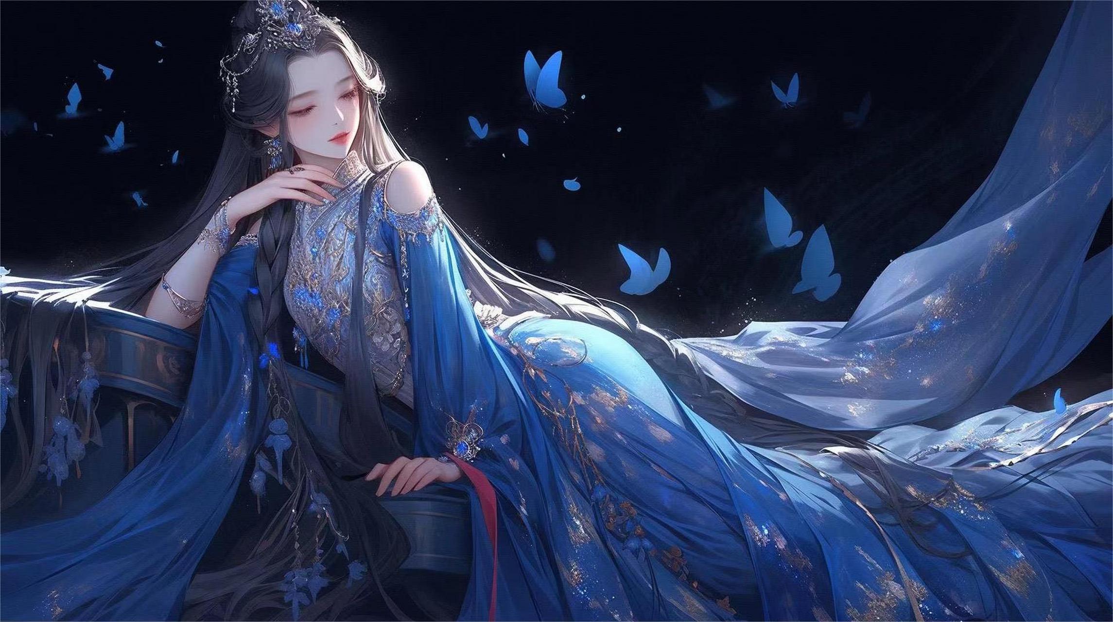 蓝色系横版古风插画:水袖舞姬唱今生,有幸流年曾相识.