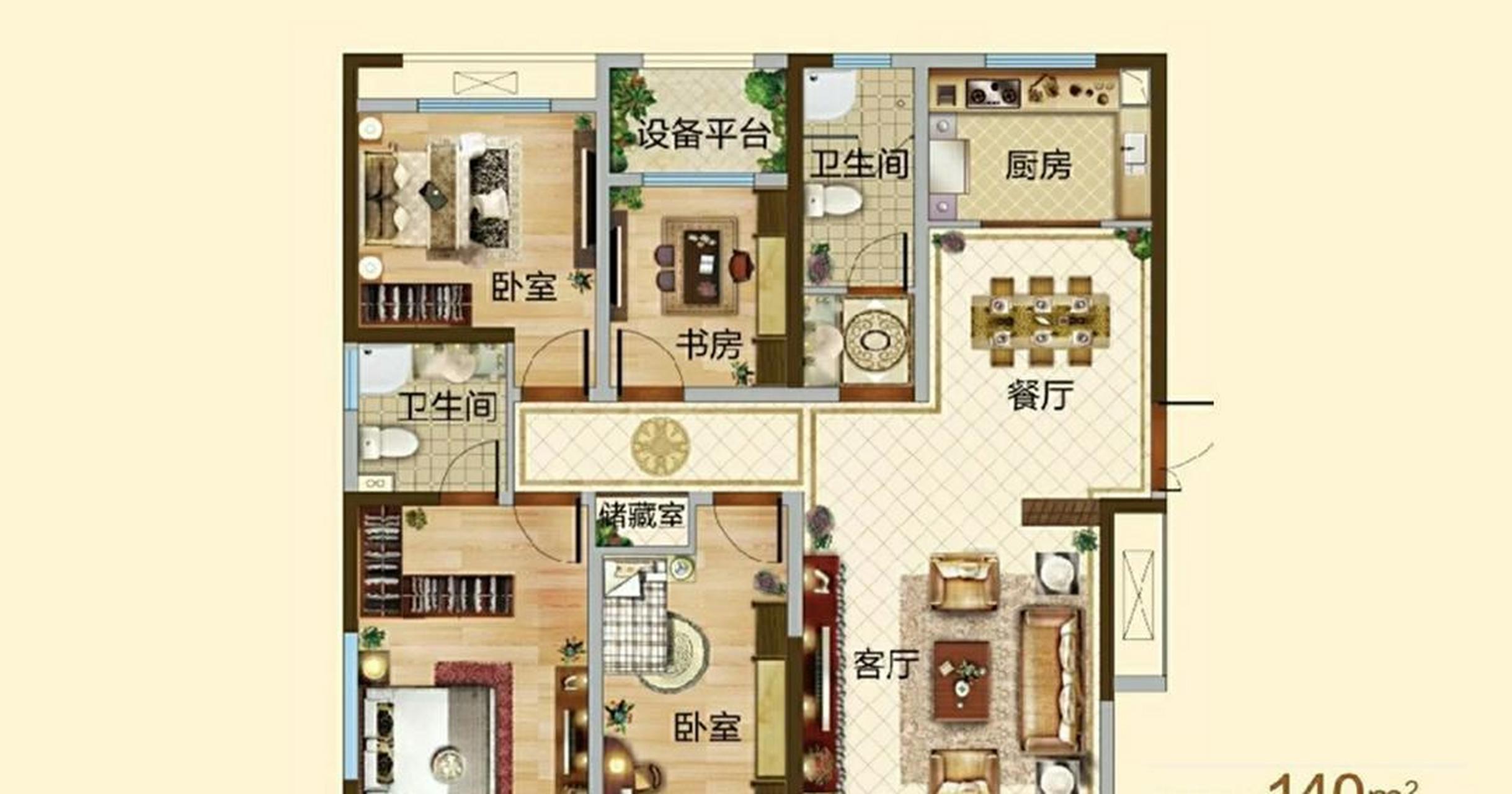 一个朋友发的140平户型,户型是真的方正,而且布局也很合理,我看了下