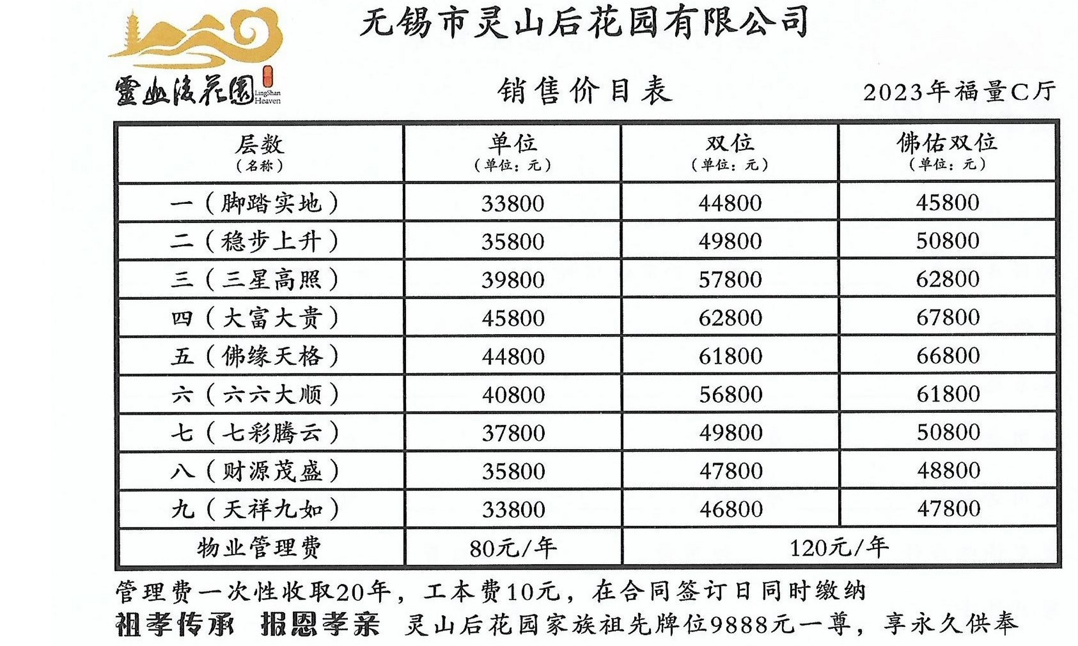 无锡灵山后花园 般诺胜境厅 福量c厅 墓型图 价格表.