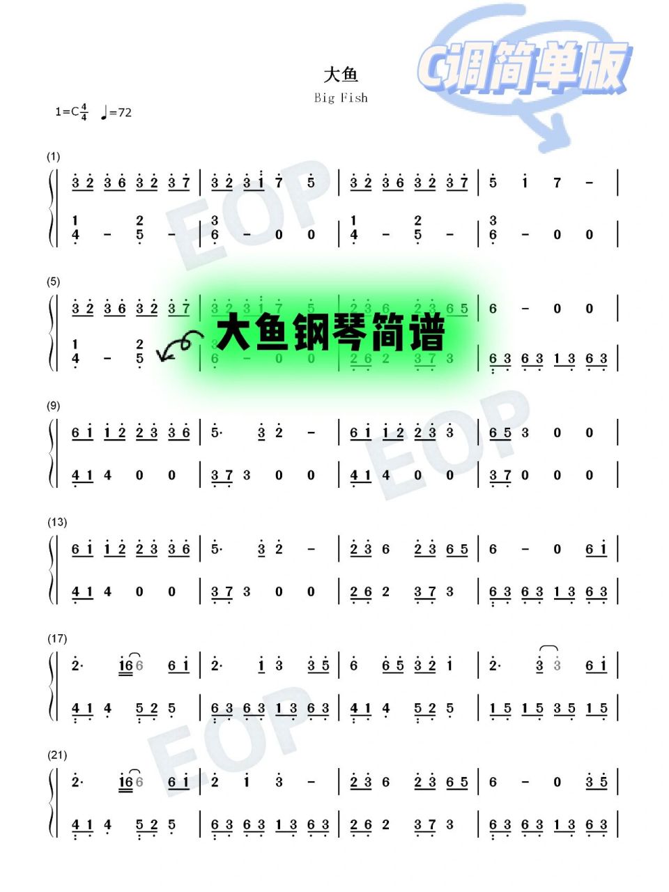 《大鱼》钢琴简谱,c大调钢琴曲	" 小白很快学会的歌曲,一天就拿下了.