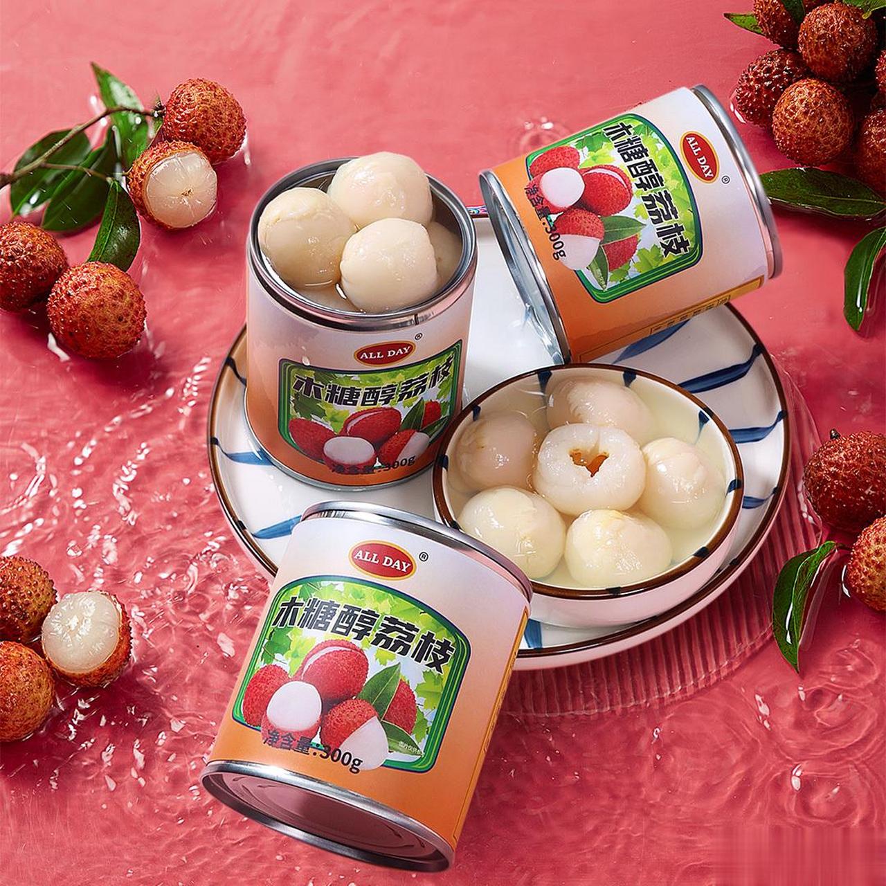 产品名称:all day木糖醇荔枝罐头300g*4罐0脂锁鲜去核爽口预制果盘餐