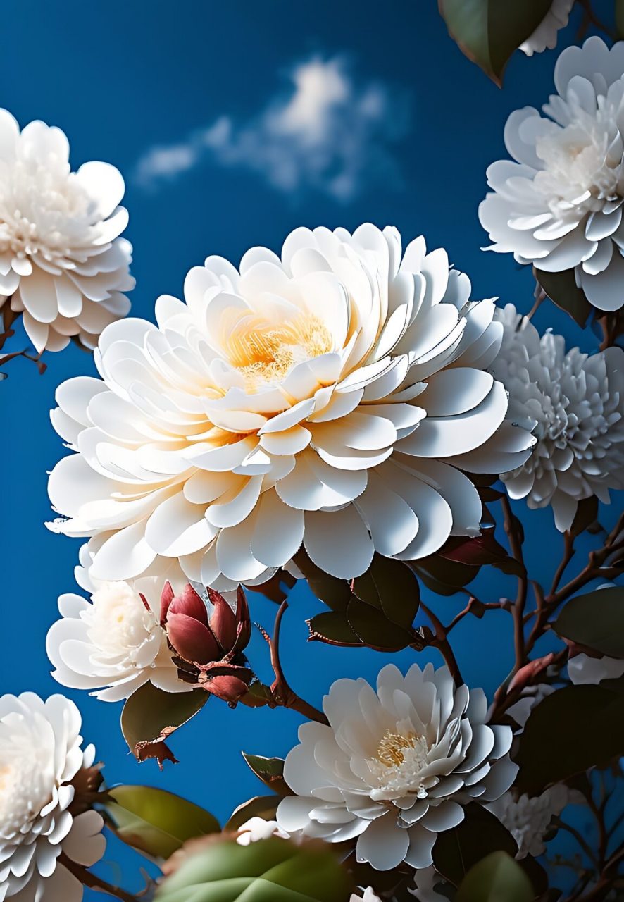 清晨的阳光透过树叶的缝隙,轻轻洒在白色山茶花上,让它们更加绚丽夺目