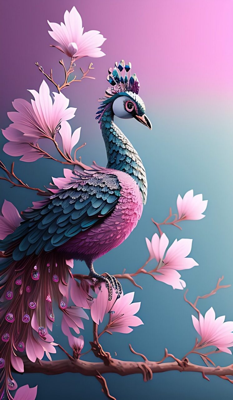 树枝上,孔雀画翩翩, 粉色与海蓝宝石争艳.