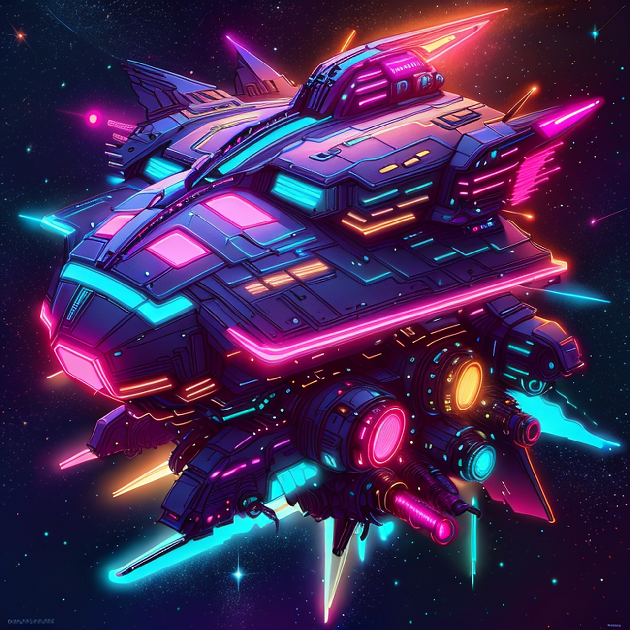 赛博朋克的宇宙飞船在太空中穿梭,它们的外观设计充满未来感,融合了高