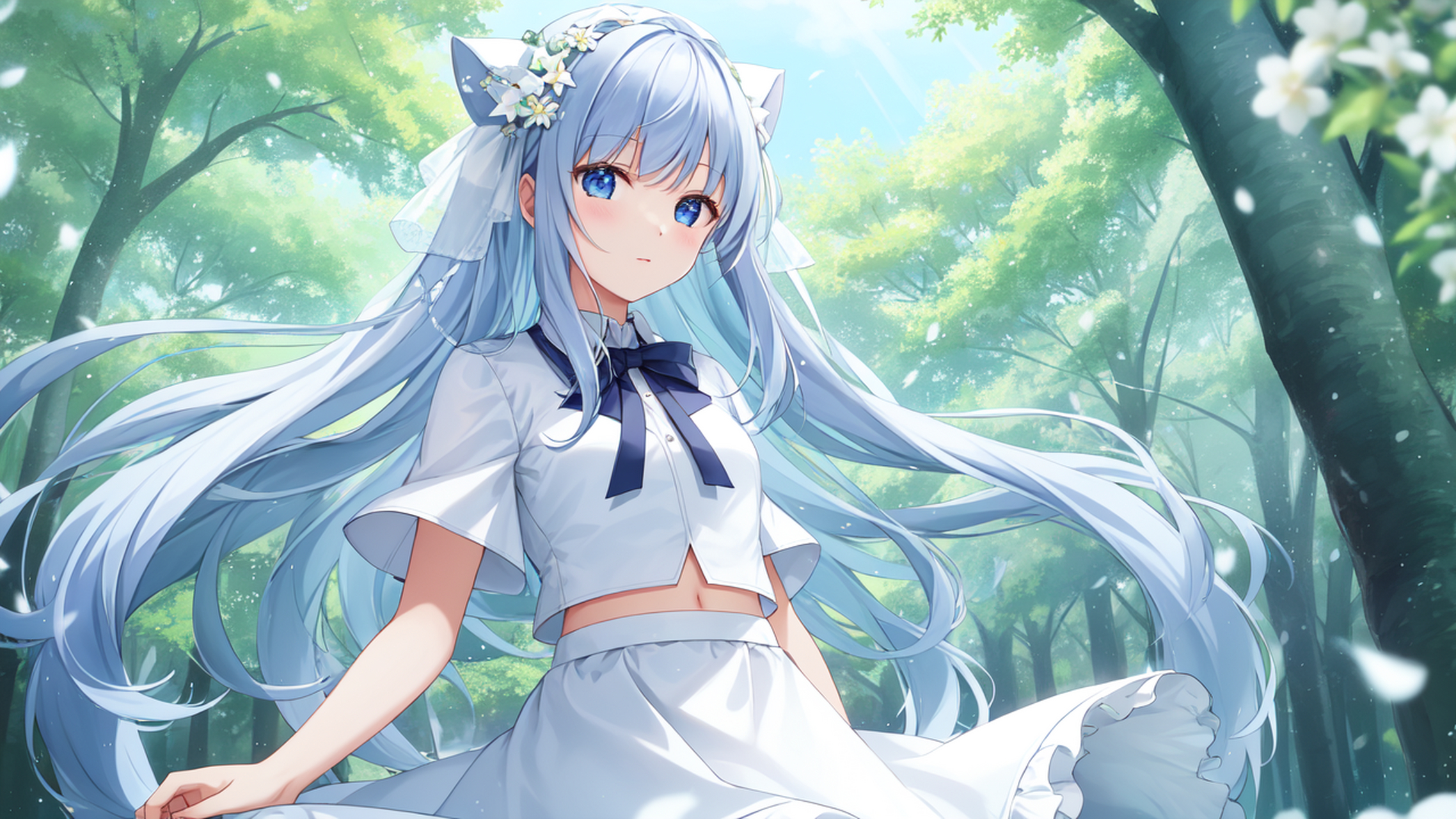 在夏日的午后, 微风拂过树林, 花瓣随之飘舞, 宛如梦幻般的场景.