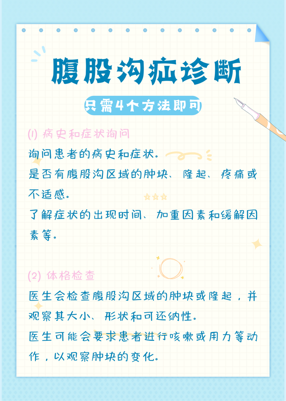 腹股沟疝的诊断方法,记住这几点就够了  腹股沟疝的诊断通常是基于