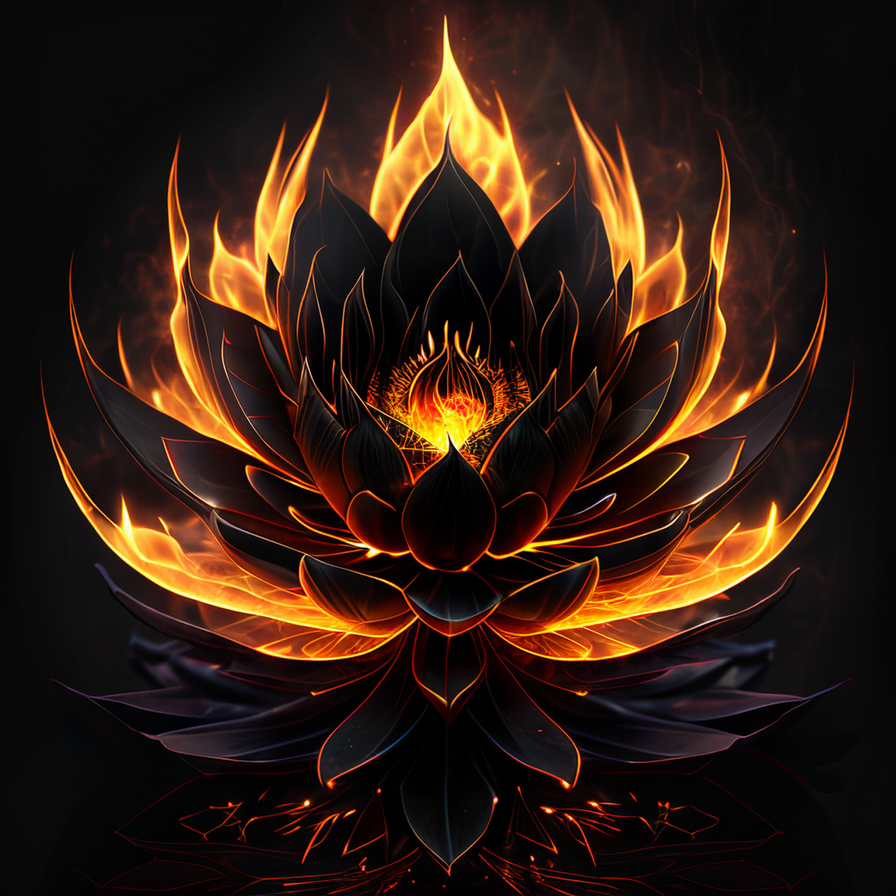ai画的如何?神秘的黑色火焰莲花,神秘的背景,守护者,完全黑色的火焰,