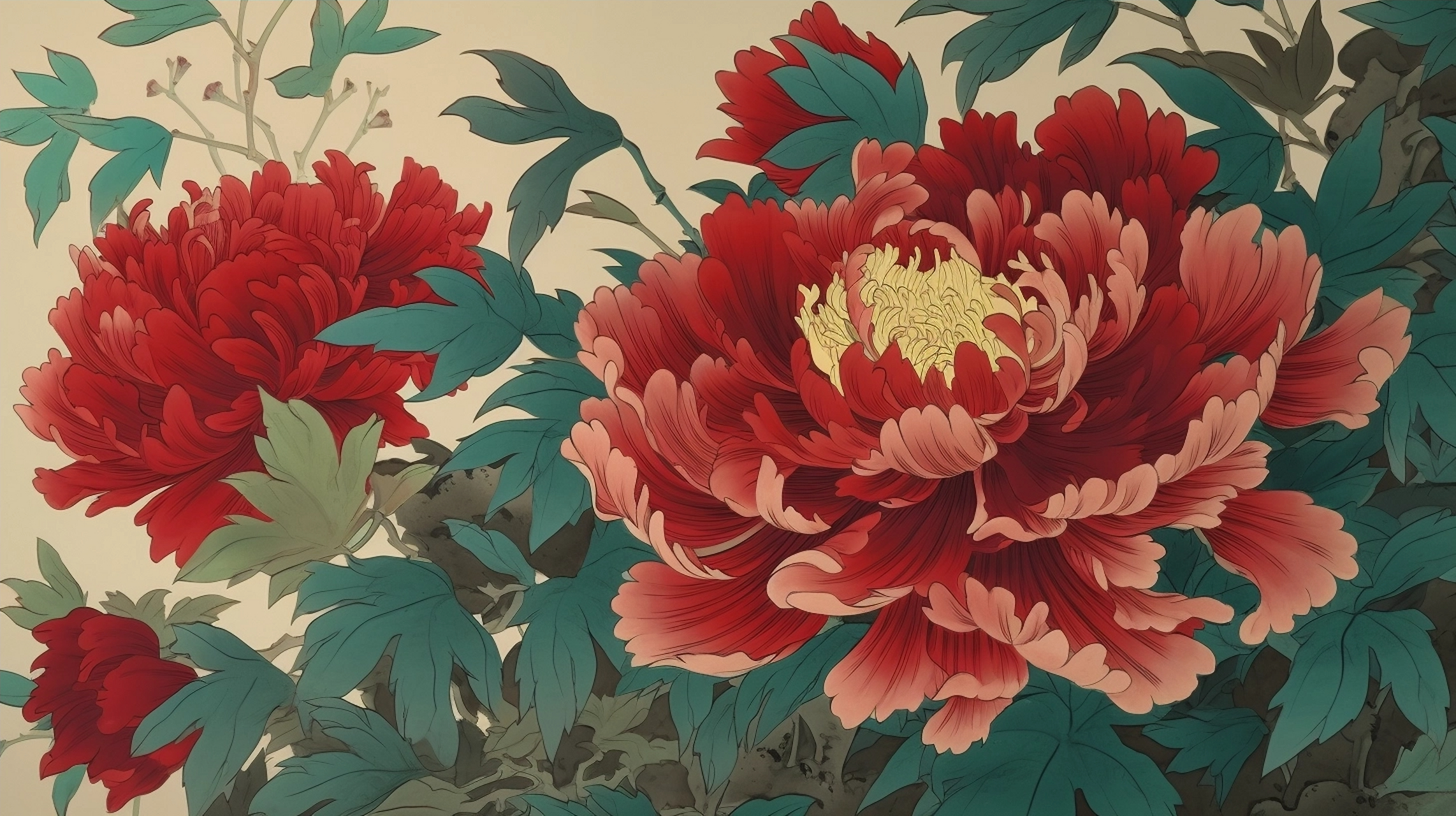 关键词(中国画 牡丹花 关键词:墨线描绘,圆润饱满,五瓣花,红色花瓣,青