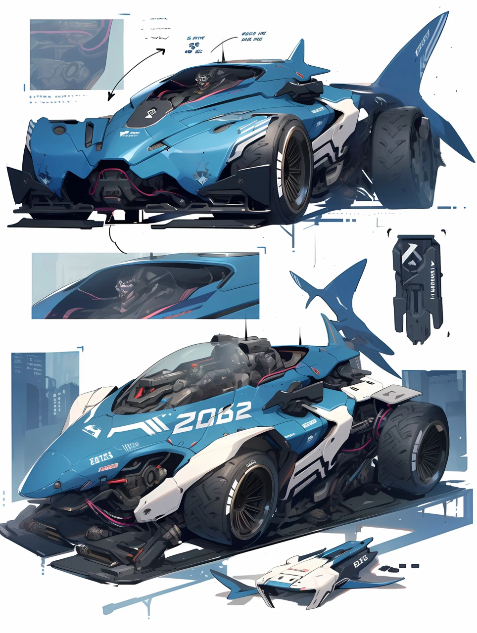 科幻生物载具概念设计 多图  科幻深海主题机甲跑车《狂鲨》 希望能给