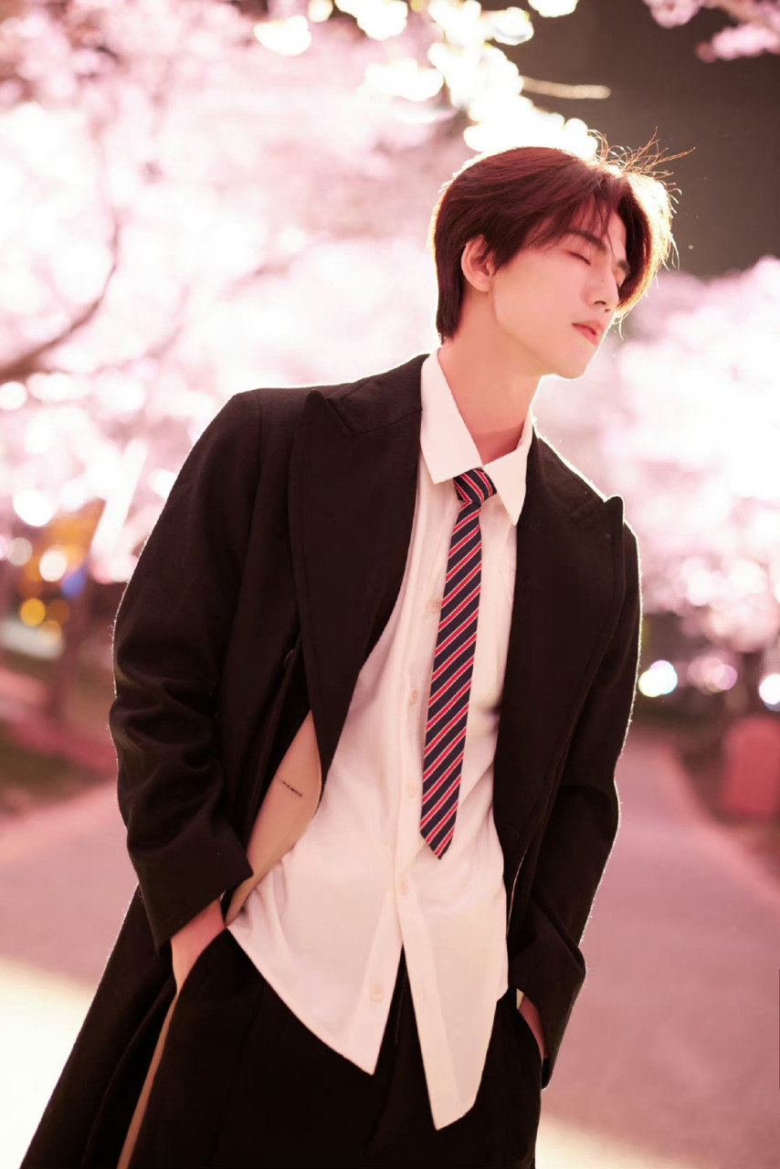 张凌赫无锡家乡写真大片暗夜光影鲜花大片,白衬衣黑大衣打着学生气的