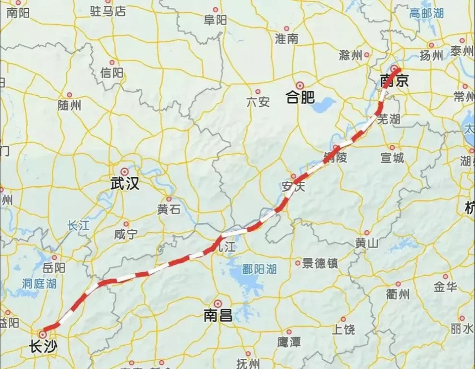 长沙经九江,安庆至南京的高铁线路图,个人觉得这条高铁很有建设必要