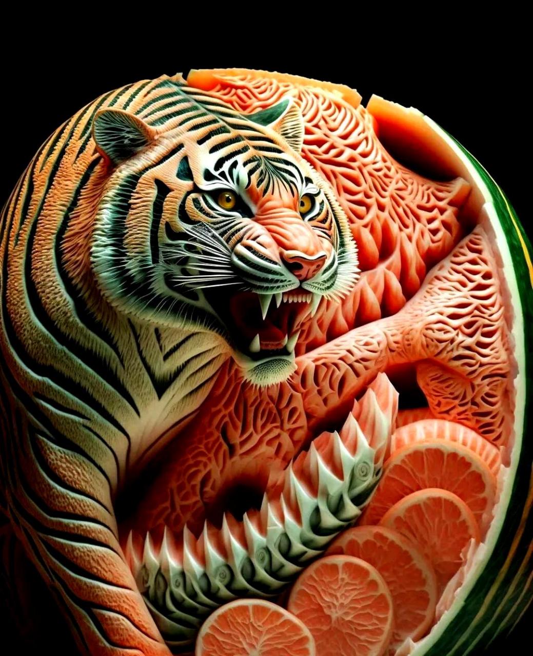 十二生肖,以西瓜雕刻的形式呈现.