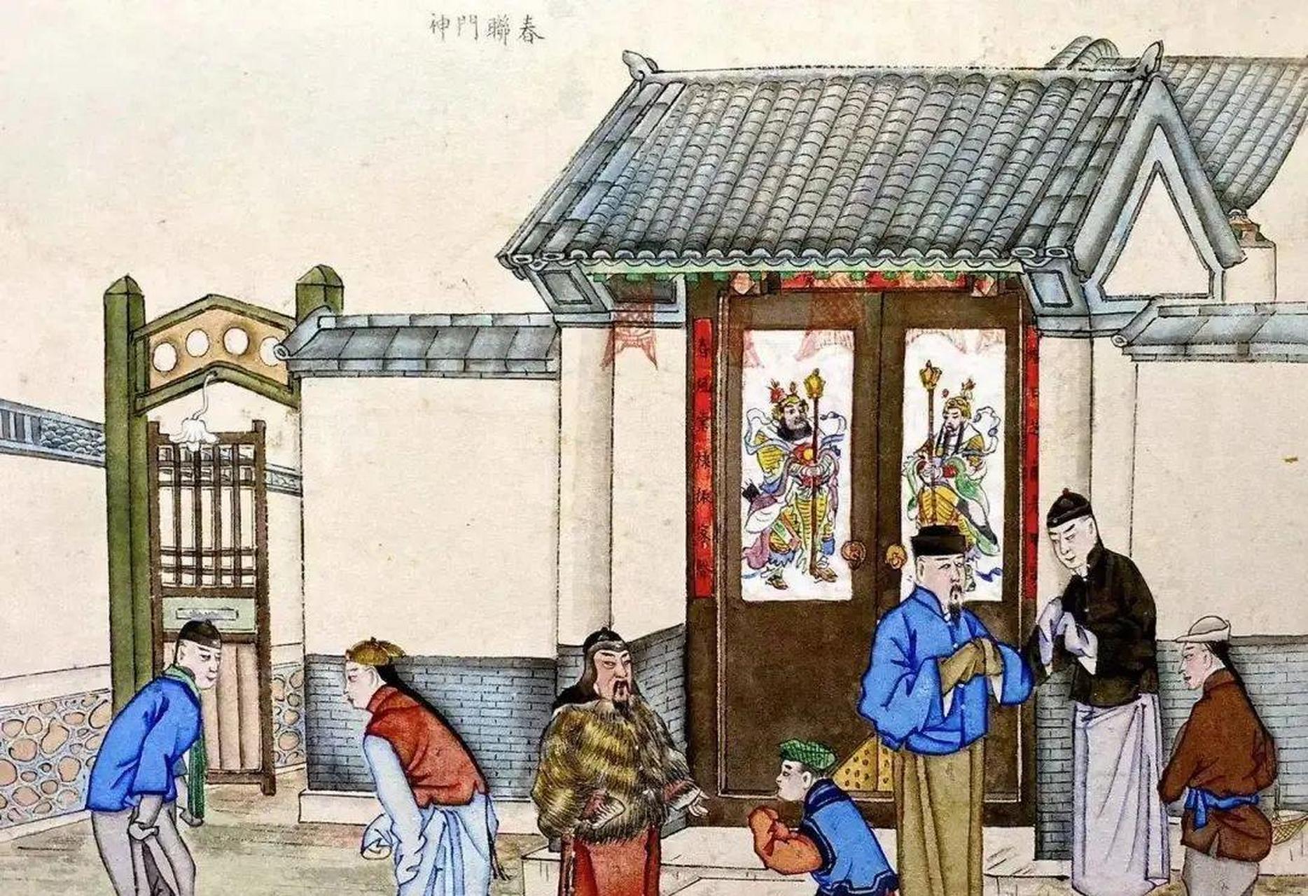 画里的老北京年俗:1,隆福寺庙会;2,祭灶神;3,画棚;4,春联与门神.