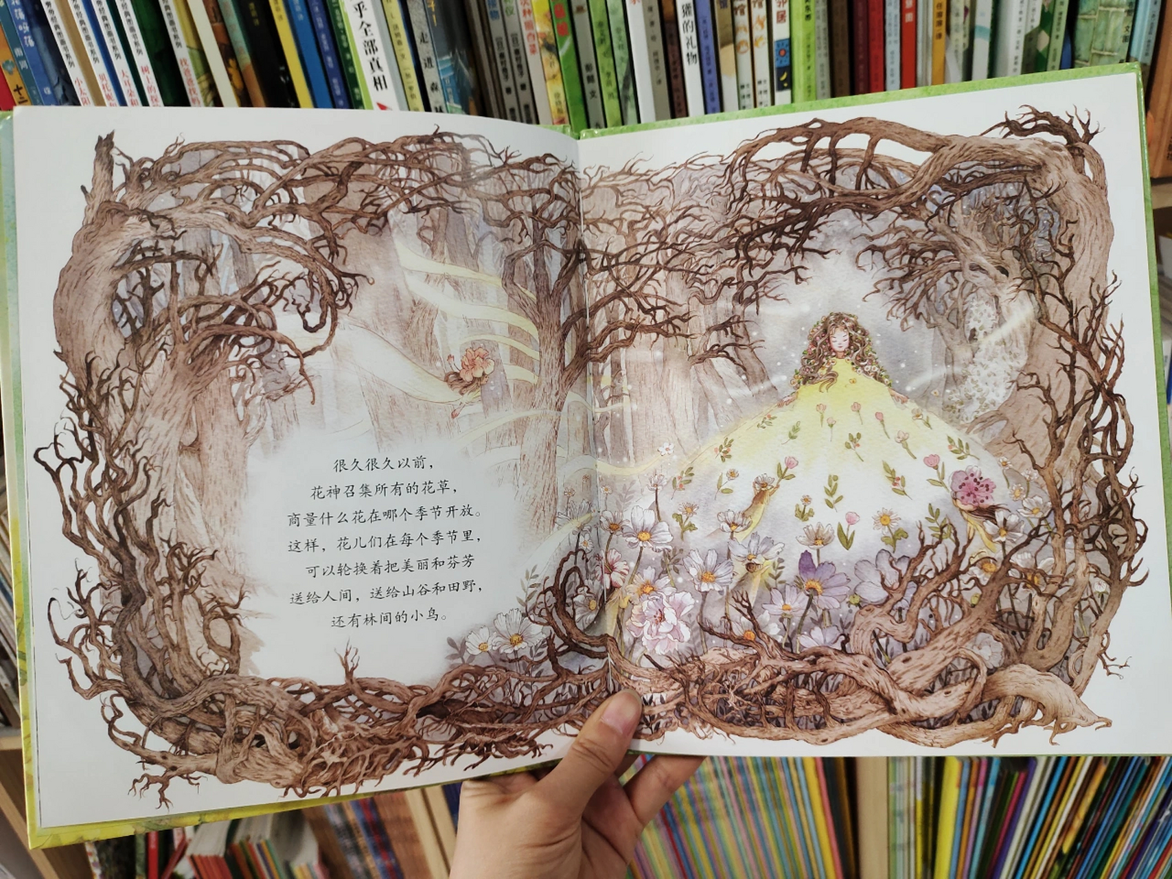 绘本推荐《迎春花开了》 很久很久以前,花神召集所有的花草,商量花在