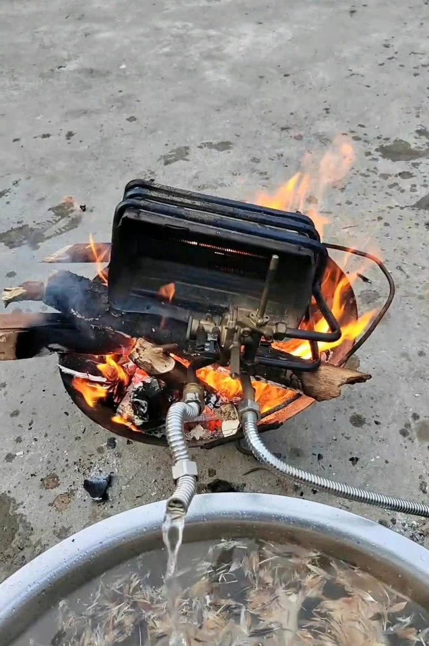 她正在给鸡拔毛. 她家的热水器引起了我的注意. 依然是柴暖.