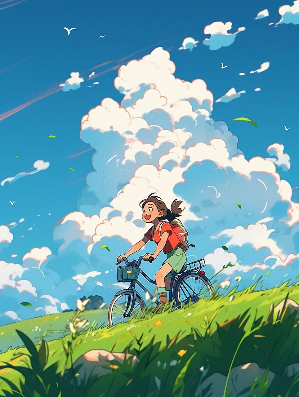 周末一起去郊游  一位骑自行车的可爱女孩,背景中有绿色的草地和云彩