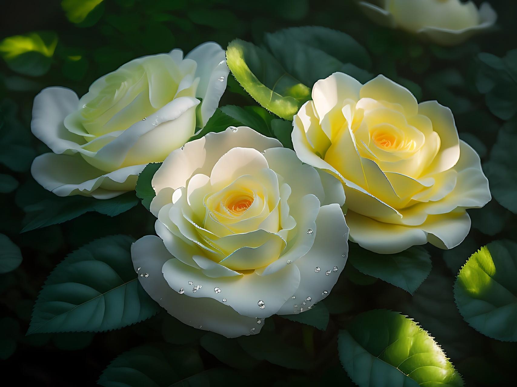 白色玫瑰花,它们的美丽和孤独在静谧的世界里轻轻绽放.