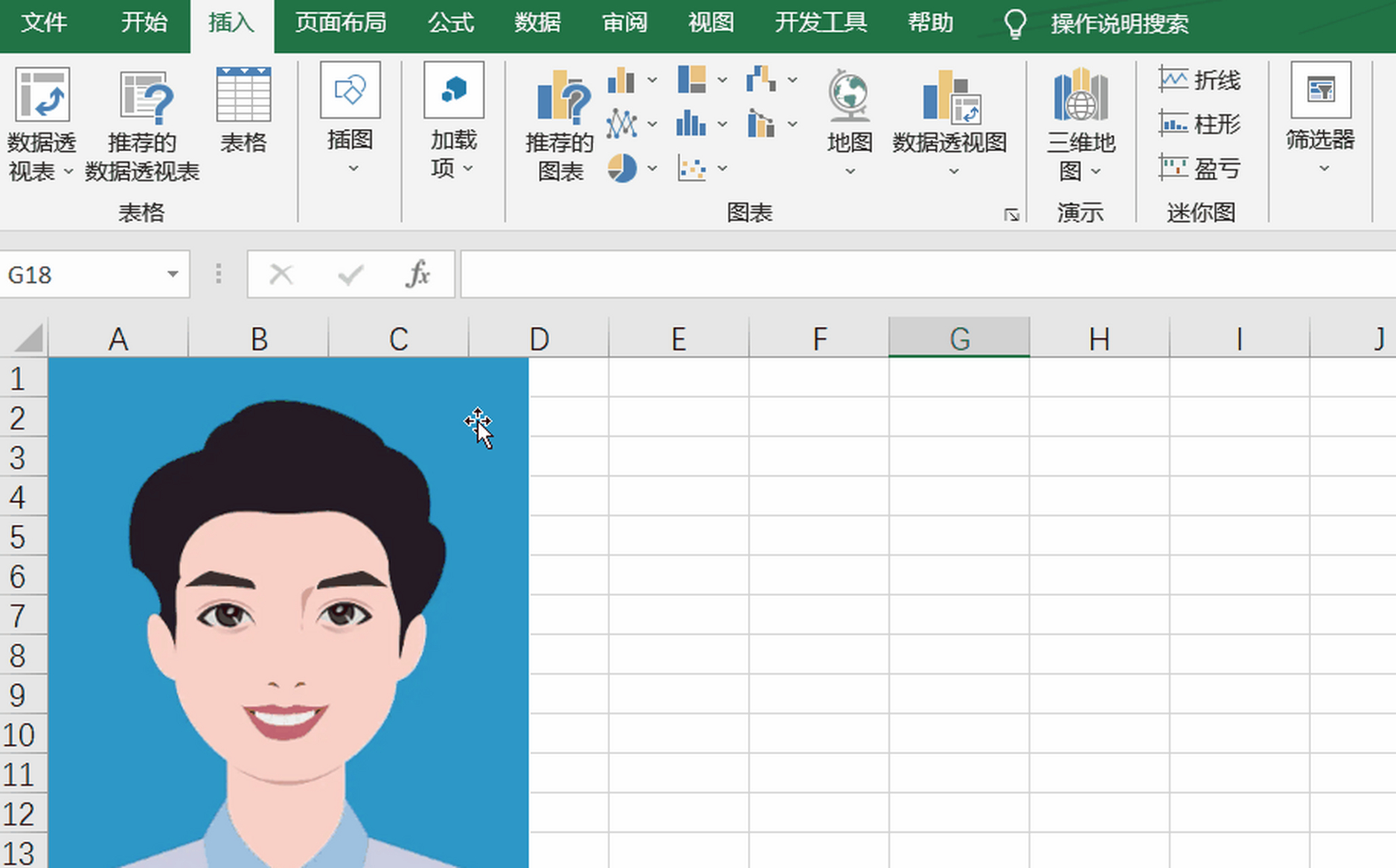 打开excel表格,点击插入——插图——图片,选择一张证件照.