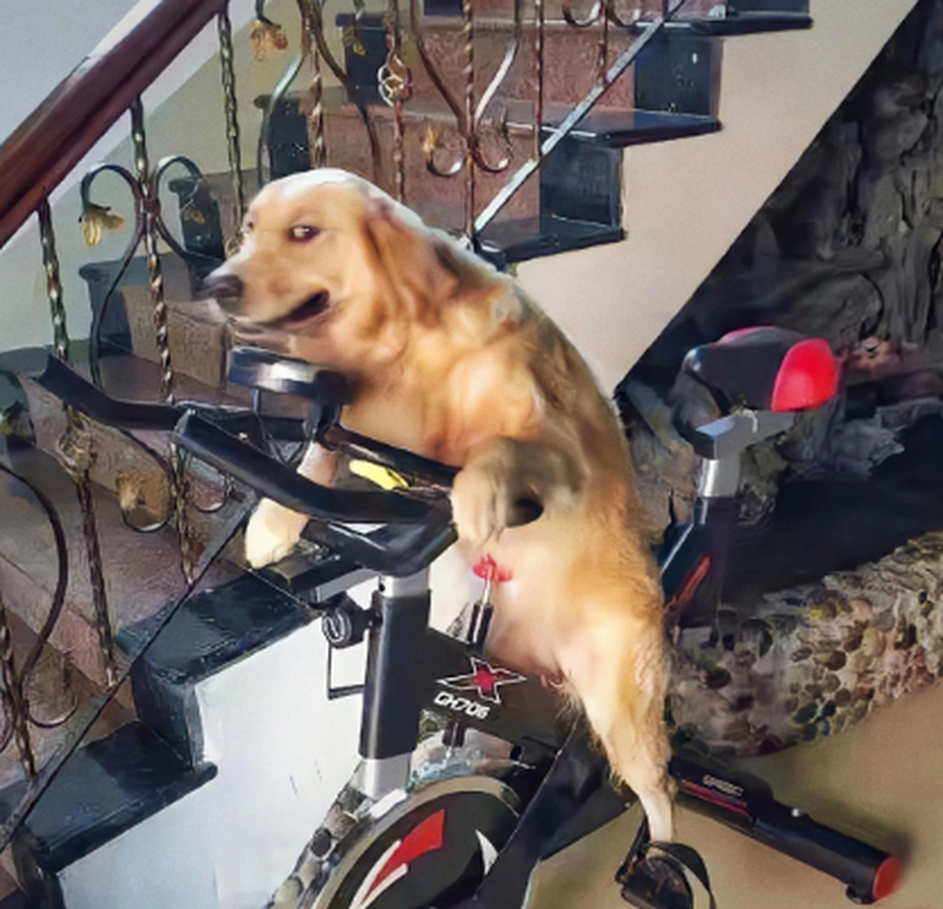 老爸喝多了,非要逼着狗狗学健身车,看狗狗急的表情包都出来了