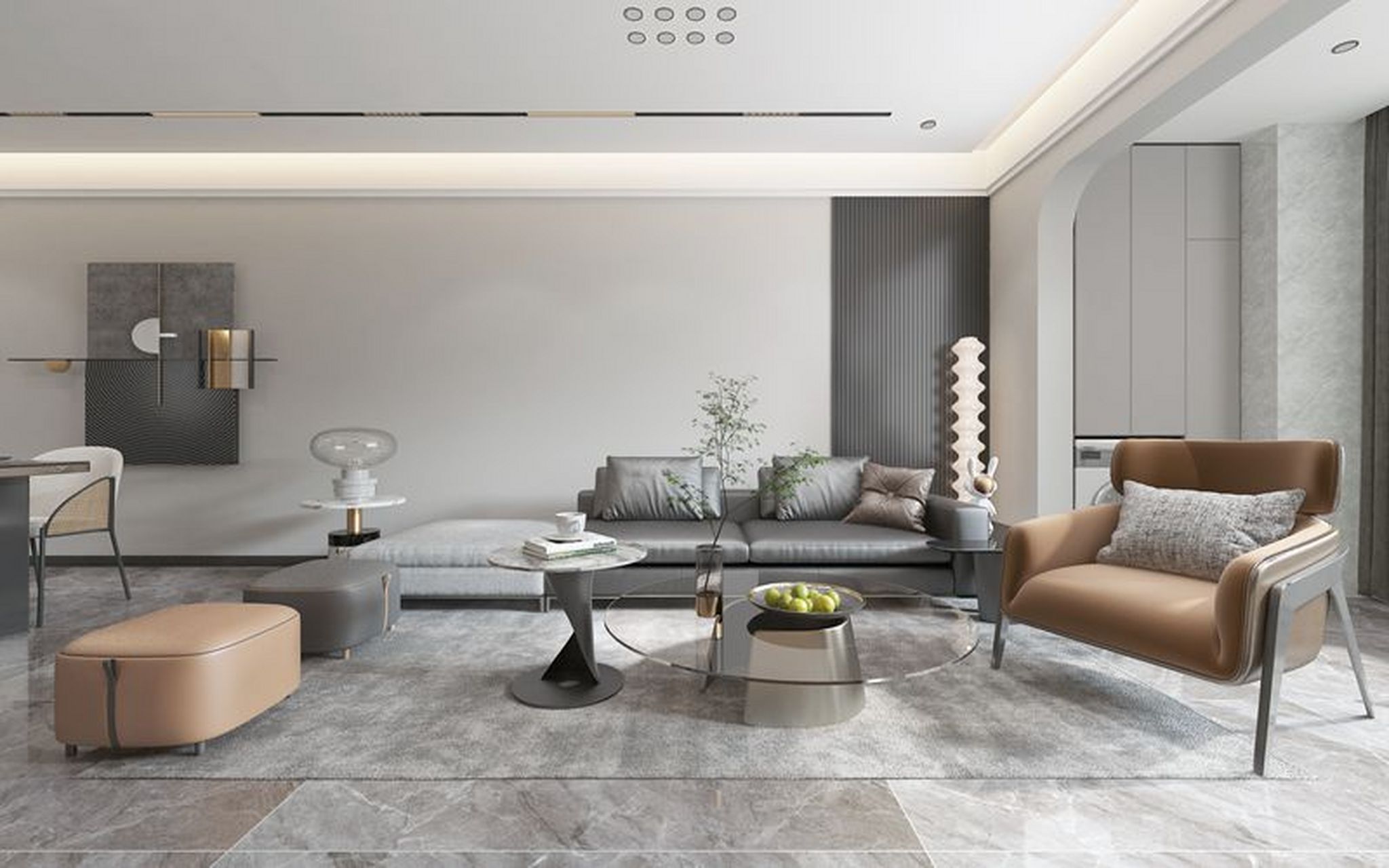 客厅整体采用暖灰色,电视背景墙采用木饰面板和格栅做造型,放置定制