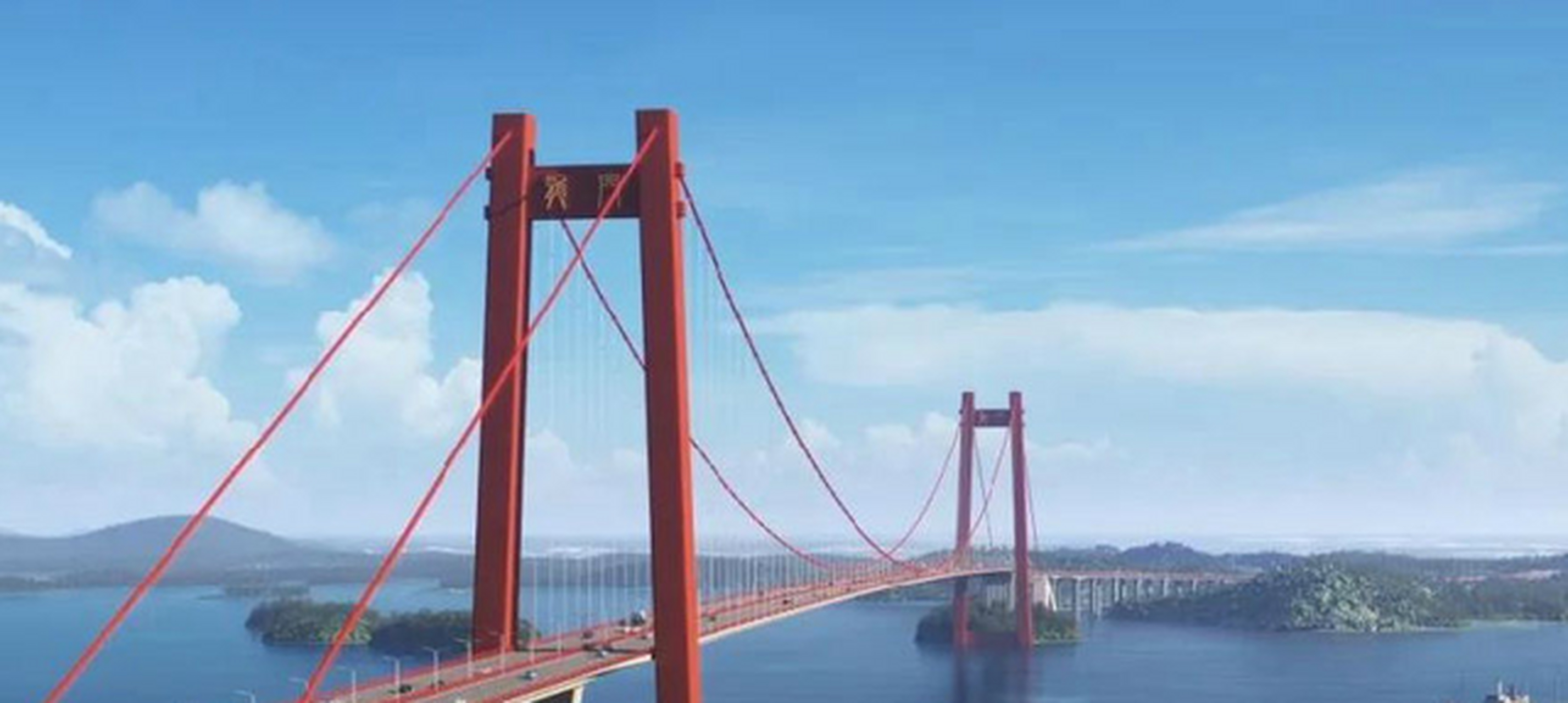 大桥全长7756米,其中主桥为单跨双铰悬索桥,一跨过海,采用门式混凝土