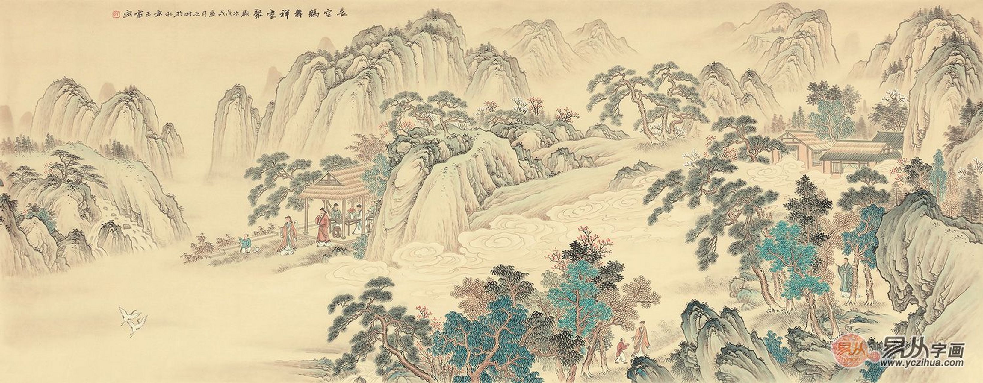 王宁仿古山水画《长空鹤舞祥云聚》68*176cm 鹤舞祥云原上聚,杏