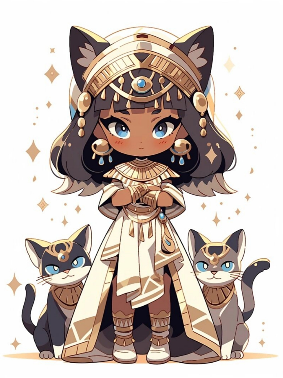 q版插画古埃及白袍神明少女  95夜幕下,逝者的灵hun97伴着太阳神