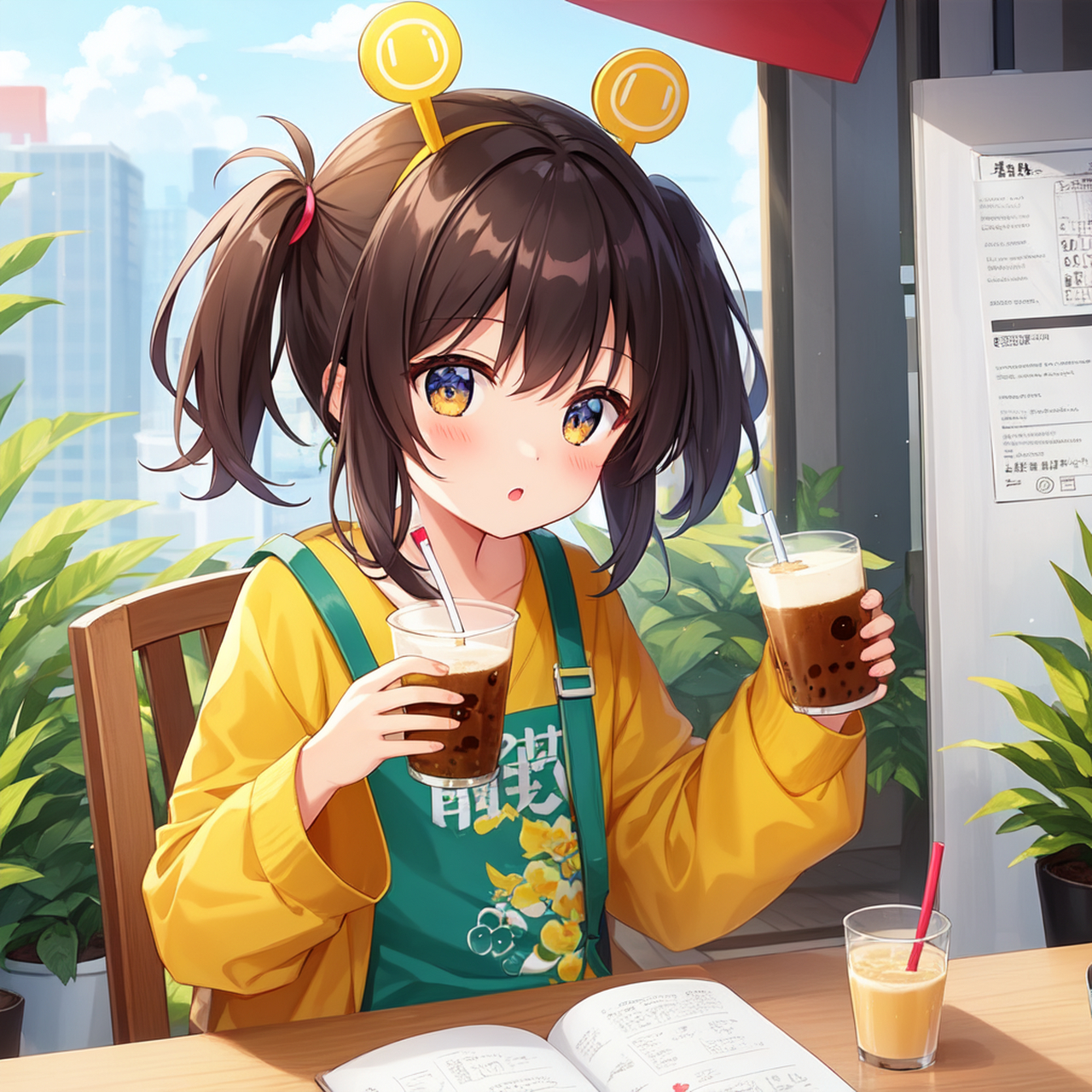 一个喝奶茶可爱q版小妹妹