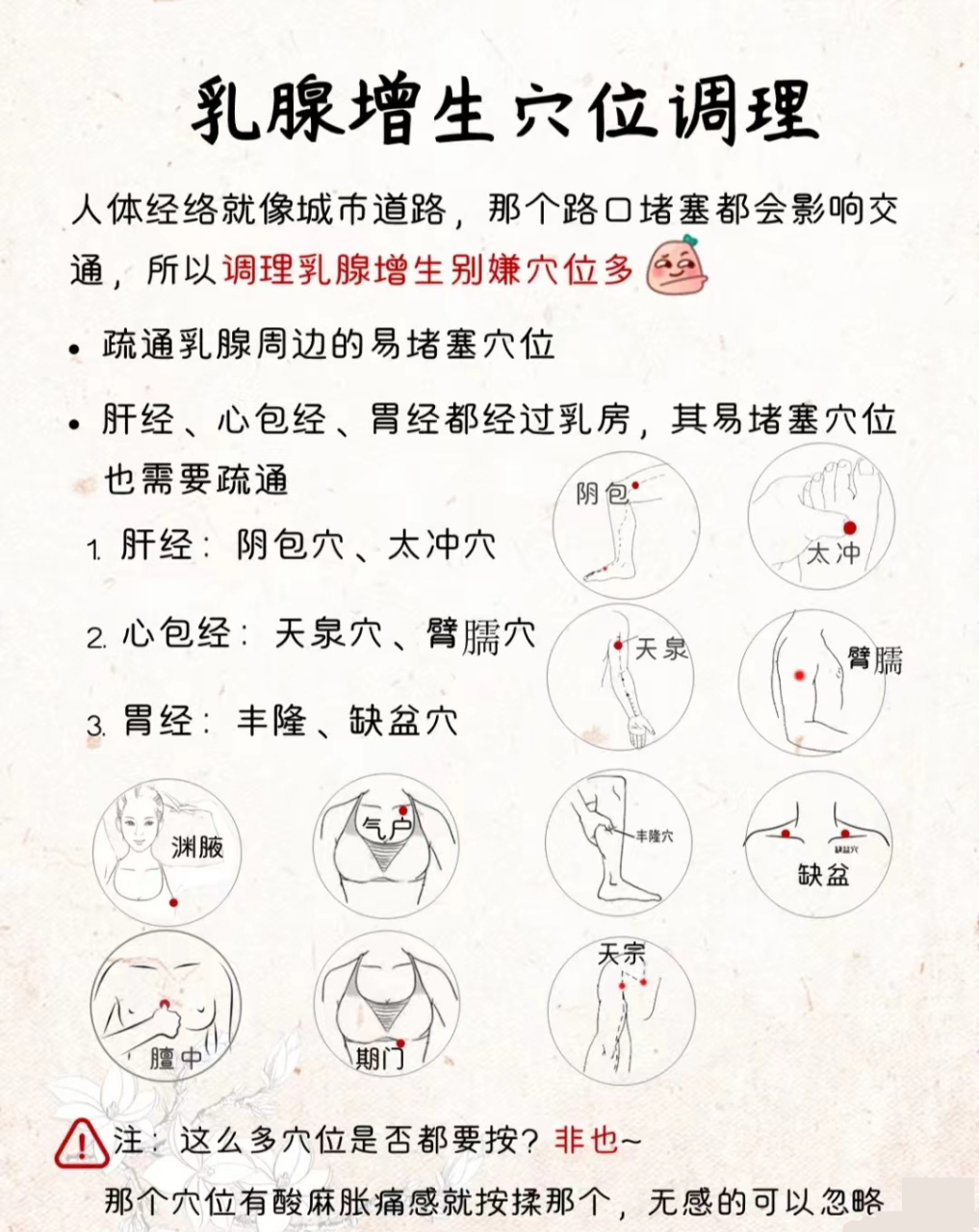 乳腺增生穴位 饮食调理  乳腺增生穴位调理: 人体经络就像城市道路