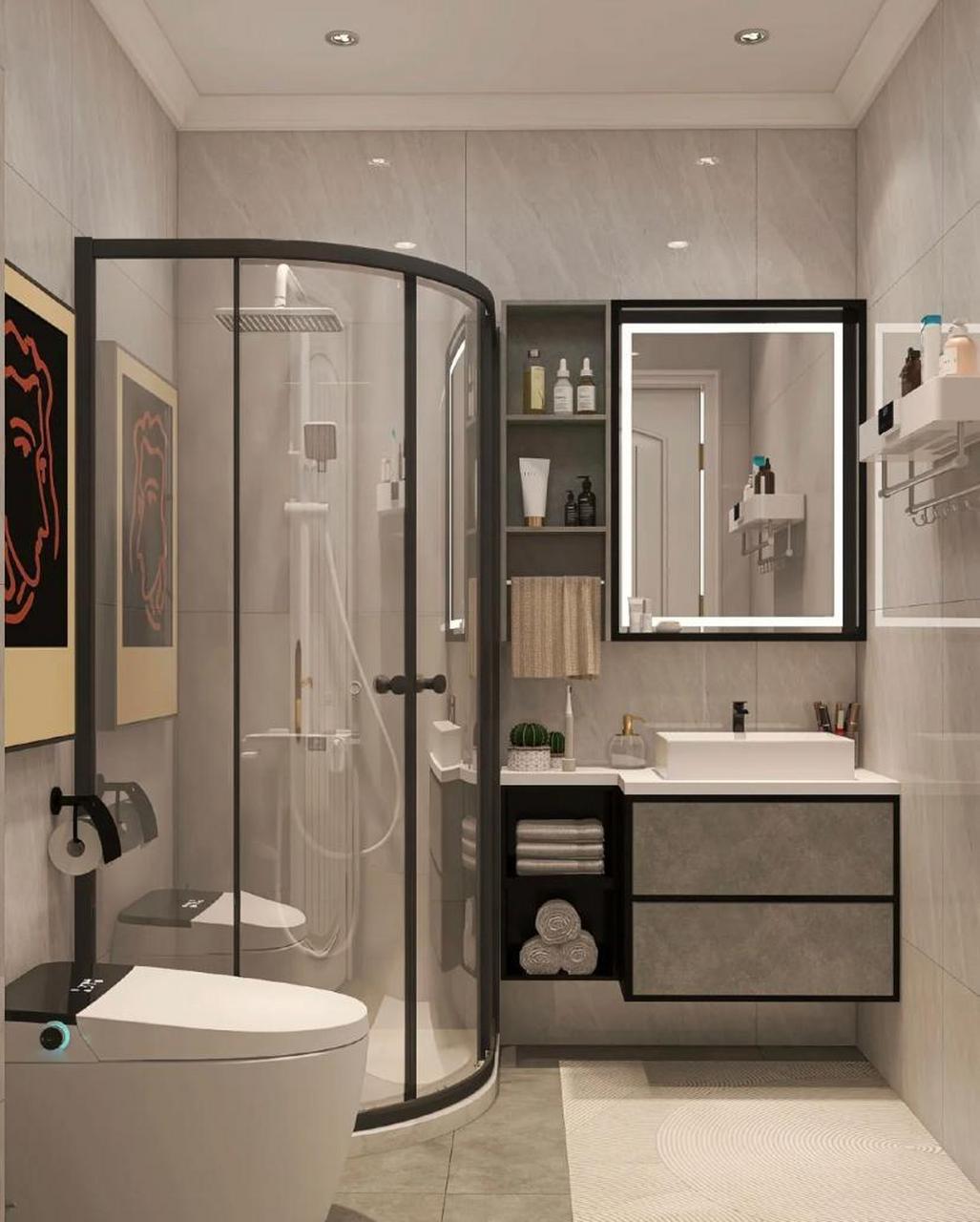 卫生间的硬装上选择了灰色瓷砖,塑造高级风而且颜色耐脏且耐看,光泽